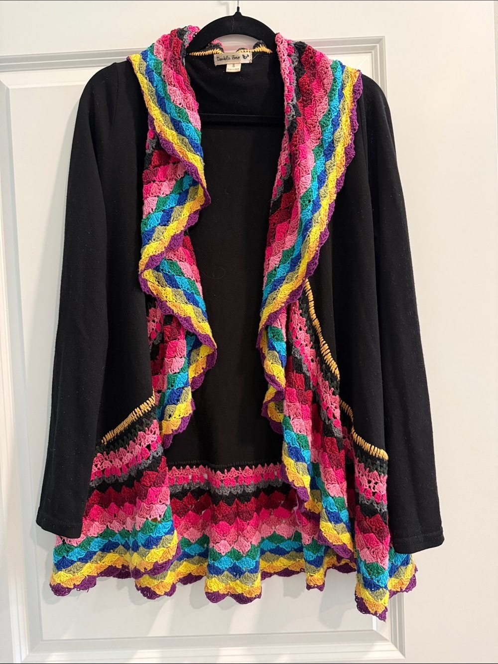 Double Zero Black Open Cardigan with Rainbow Crochet Trim sz s